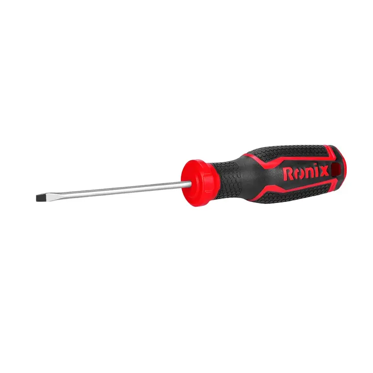 El destornillador de punta plana Ronix RH-2739 está fabricado en acero Cr-V duradero con un acabado mate resistente a la corrosión, ideal para uso intensivo.
