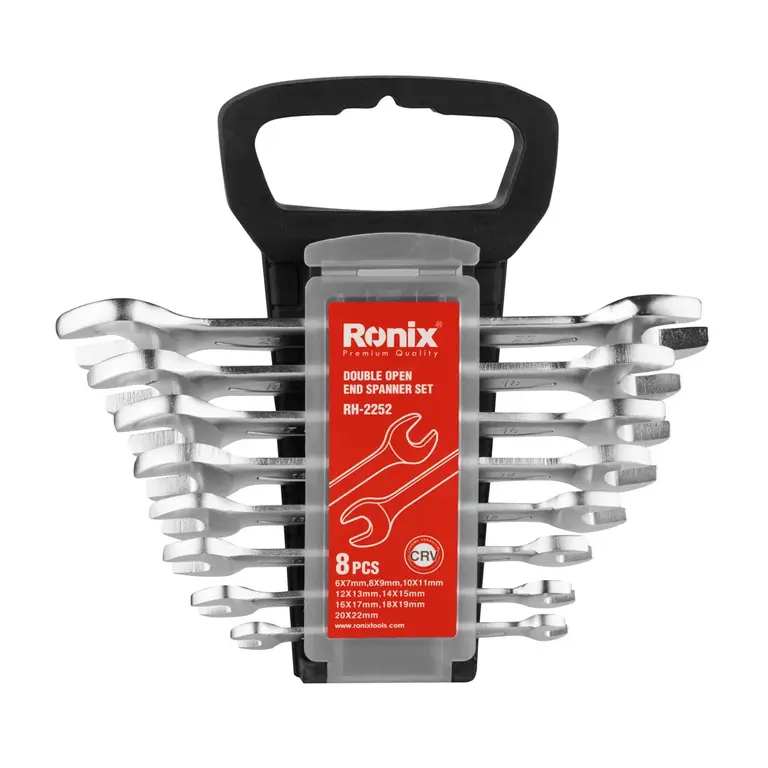 El Juego de Llaves fijas de doble boca Ronix cód. RH-2252 es un conjunto de 8 llaves de distintos tamaños que se emplean para apretar y aflojar tuercas, tornillos, pernos, etc.