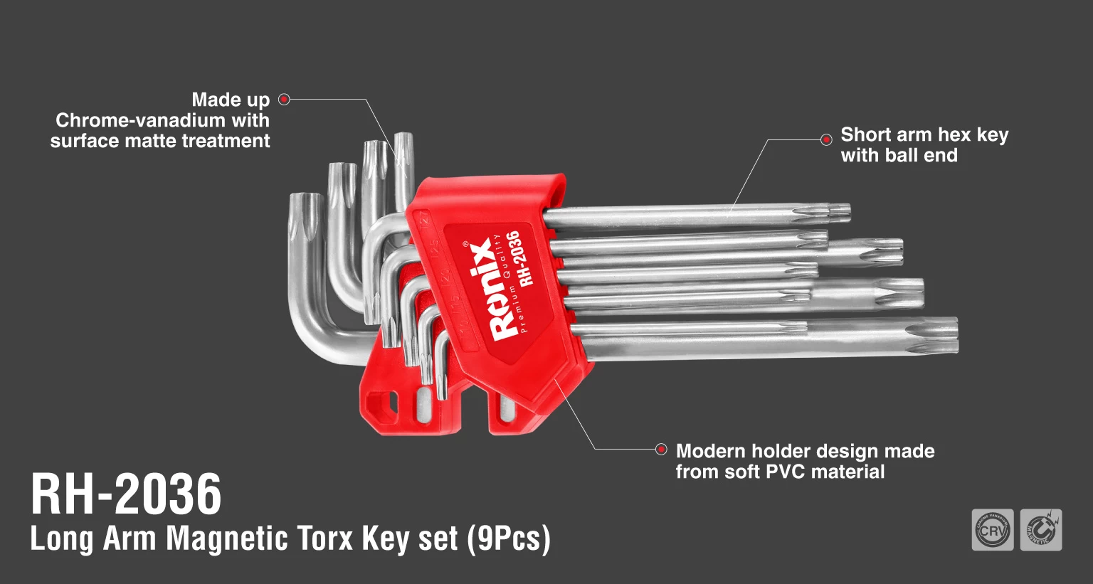 Juego de llaves Torx magnéticas de brazo largo (9 piezas)