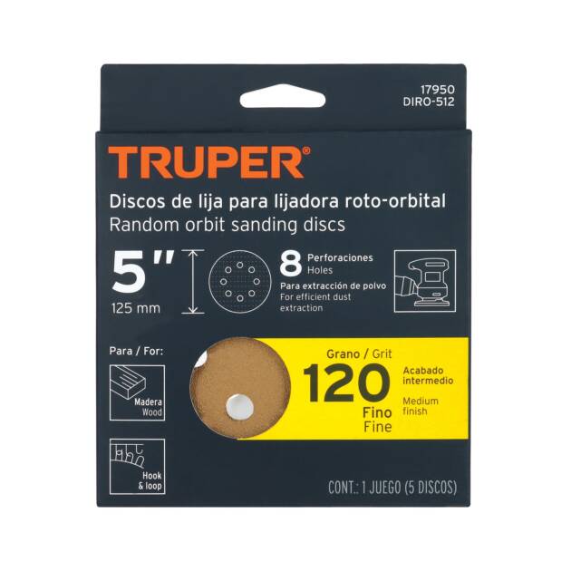 Paquete c/5 discos de lija 5" grano 120, 8 perforaciones