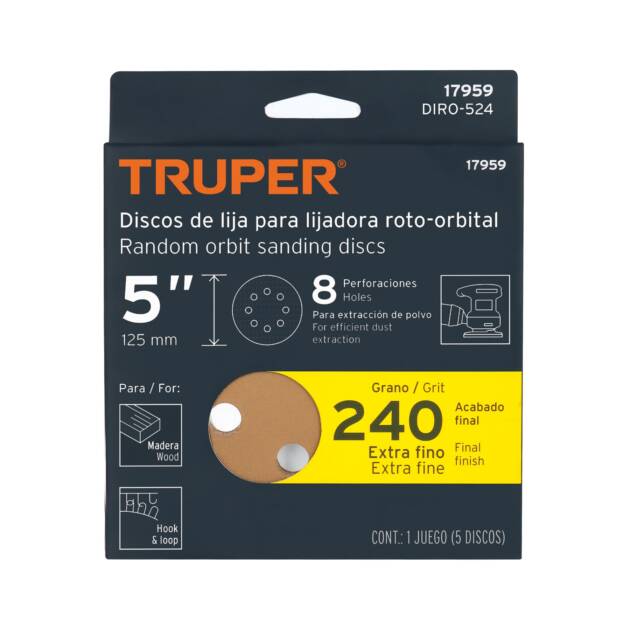 Paquete c/5 discos de lija 5" grano 240, 8 perforaciones