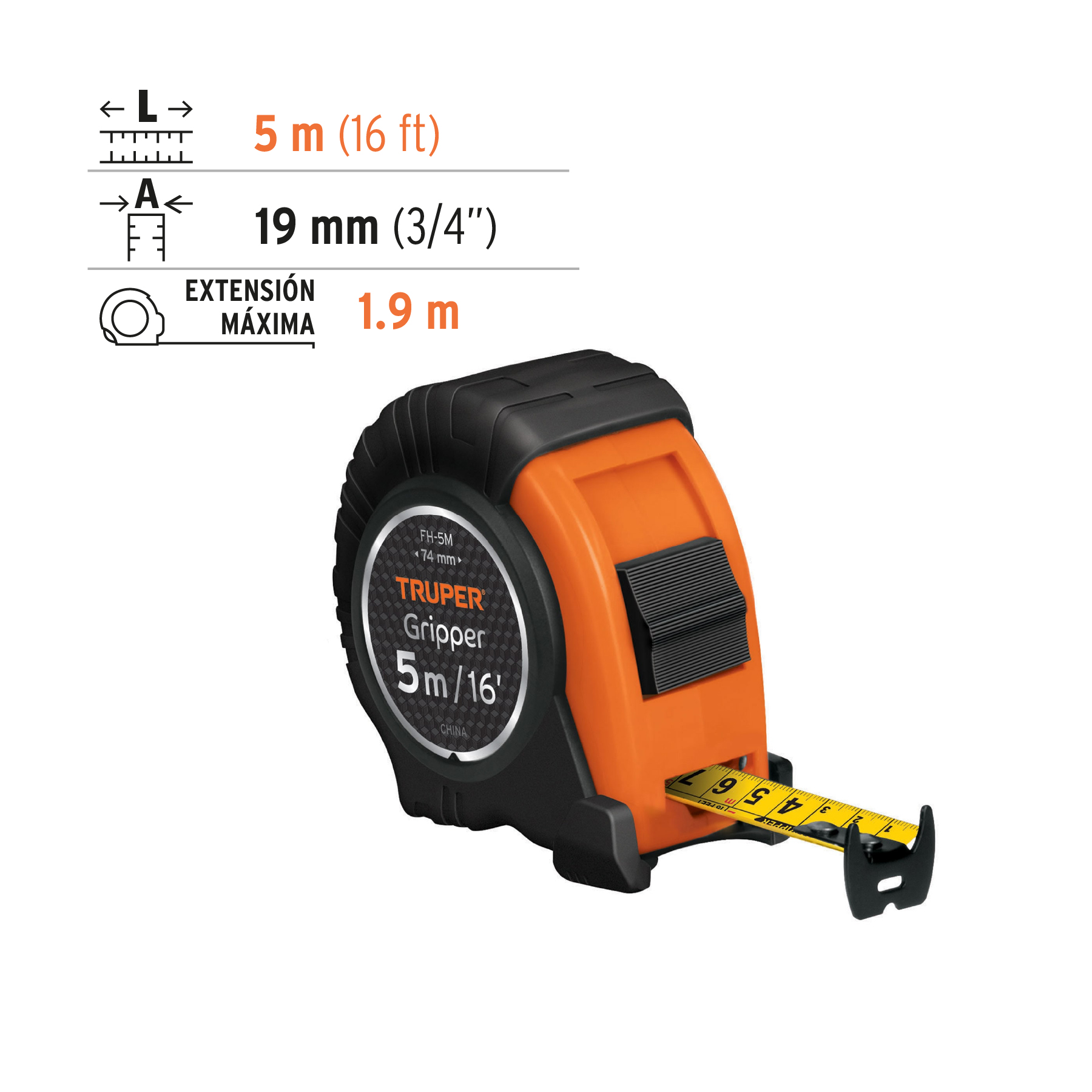 Flexómetro Gripper contra impactos 5 m cinta 19 mm, Truper - Imagen 3