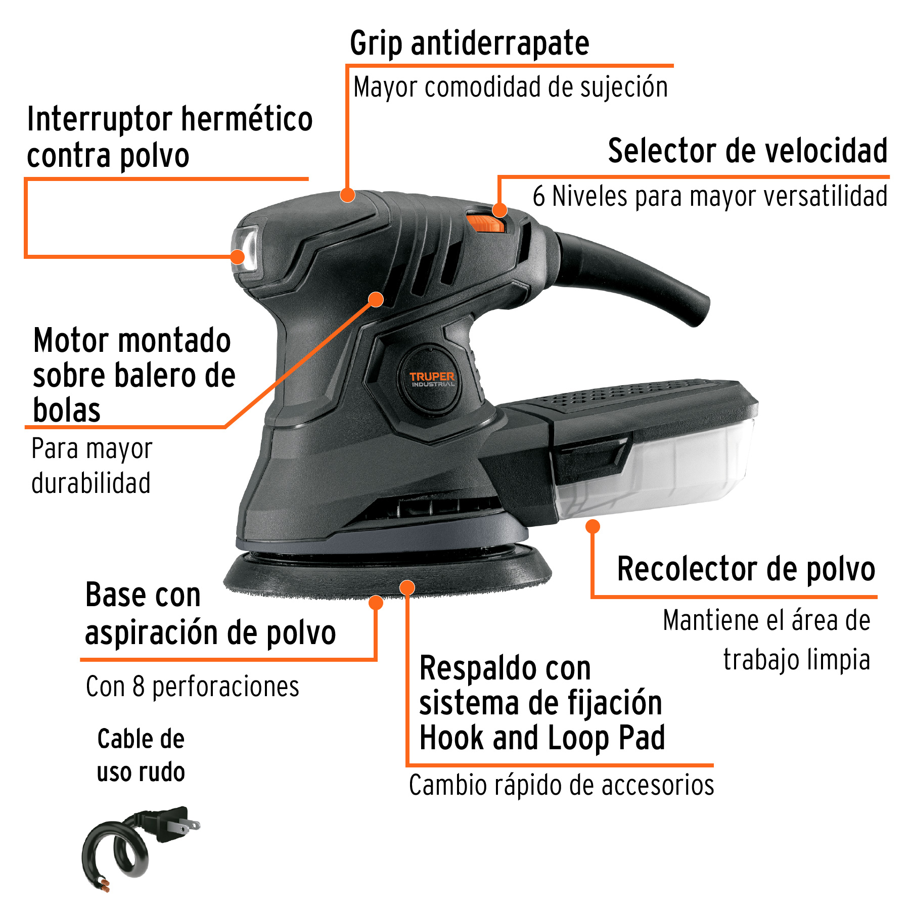 Lijadora roto orbital 5", 260W, TRUPER INDUSTRIAL - Imagen 2