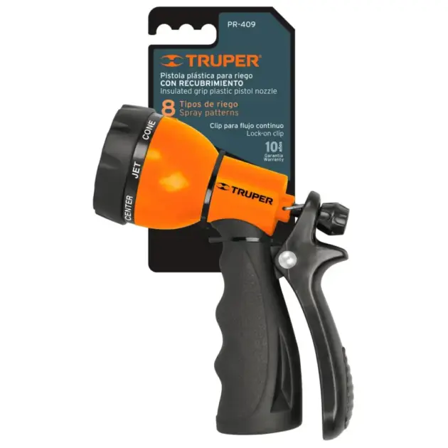 Pistola para riego de 8 funciones plástica con recubrimiento.